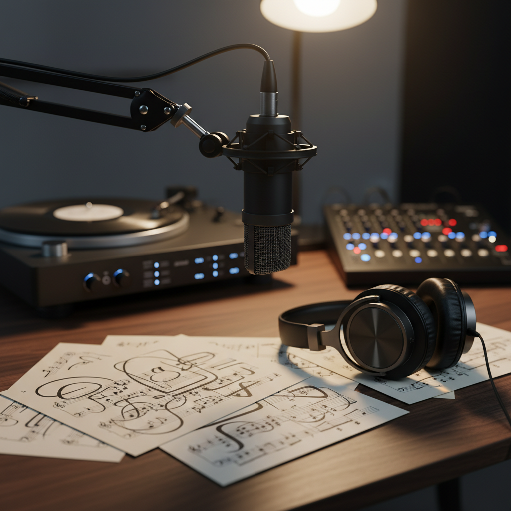 A close-up, eye-level photographic image of a matte-black dynamic microphone suspended on a sleek boom arm over a dark walnut desk, surrounded by scattered handwritten music sheets with only abstract lines and shapes instead of text. Beside the microphone, a pair of high-end over-ear headphones rests on the desk, their leather pads catching soft, diffused studio lighting. In the background, out of focus, a small turntable spins a record while tiny LED lights from audio gear glow faintly. The scene feels intimate and reflective, with a minimalist, modern aesthetic and a shallow depth of field that emphasizes the microphone as the quiet conduit for personal thoughts, songs, and late-night recordings.