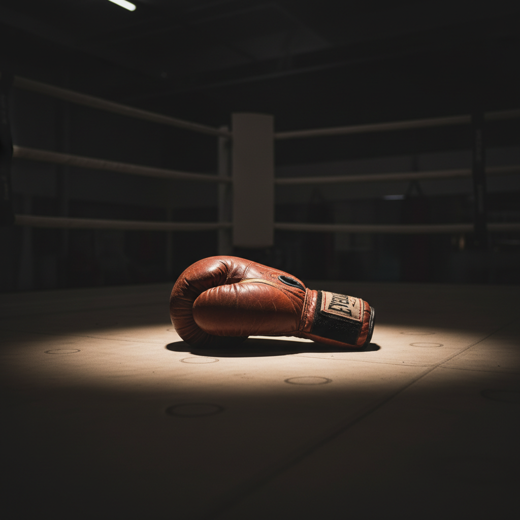 A solitary, slightly scuffed leather boxing glove resting on the canvas of an empty ring, positioned near one of the neutral-colored corner pads. The ropes form clean diagonal lines in the background, softly blurred. Overhead gym lights create a focused pool of light around the glove, accentuating its creases, stitching, and worn texture, while the rest of the ring fades into shadowy calm. The atmosphere is introspective rather than aggressive, suggesting discipline and reflection instead of conflict. Photographic realism with a low-angle composition that makes the glove feel significant yet solitary, capturing a quiet moment after training when ideas and memories linger in the stillness of the gym.