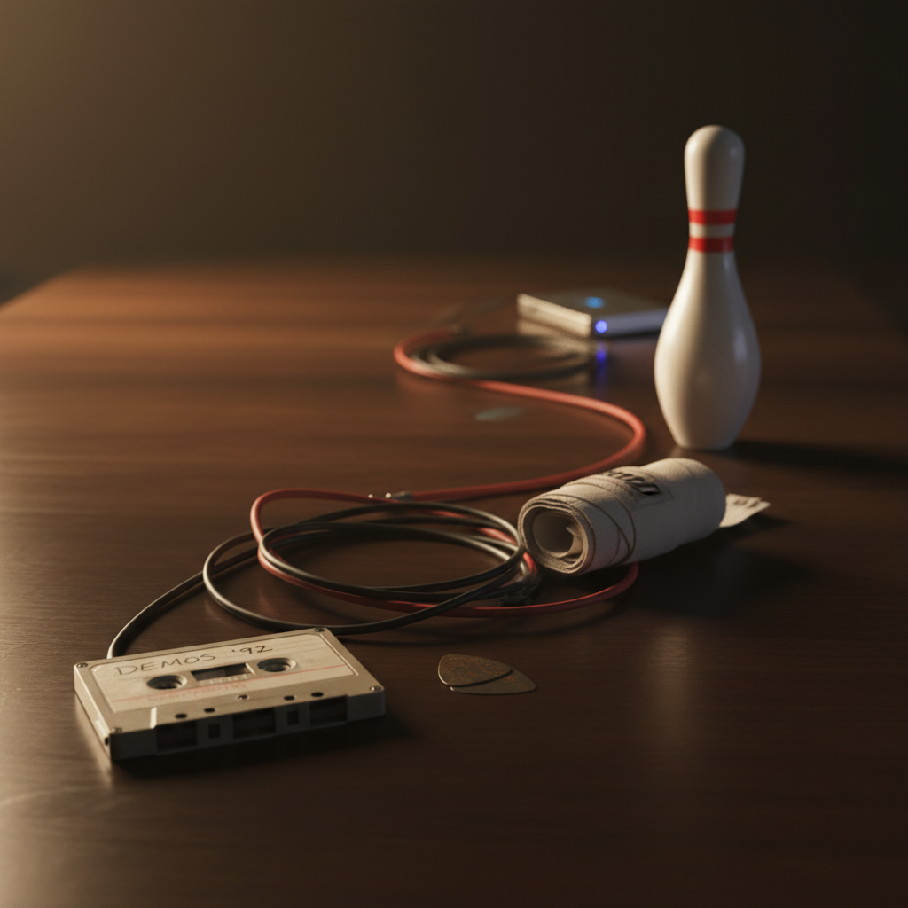 A chronological visual “timeline” of a creative life laid out along a dark wooden surface: starting near the camera with a simple cassette tape, then a tangle of guitar cables, a single boxing wrap, a polished bowling pin, and finally a slim external hard drive glowing faintly at the far end. Each object is aligned in a subtle curve leading the eye into the distance. Warm, directional side lighting from the left creates a gradient of highlights and shadows across the objects, suggesting the passage of time. The background falls into soft darkness, enhancing a reflective, sophisticated mood. Photographic realism, shot from a low angle with a gently widening depth of field that keeps the entire progression legible and evocative.