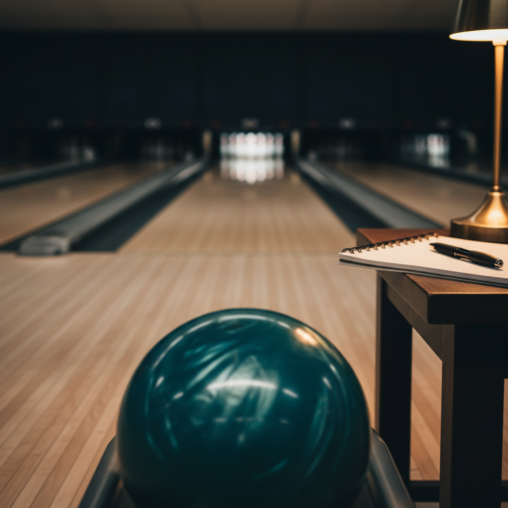 A gleaming teal-and-silver bowling ball poised at the start of a polished wooden lane, captured from a low, behind-the-ball perspective so the lane stretches forward into a soft blur. Overhead alley lights reflect as a smooth gradient on the ball’s glossy surface and create elongated highlights that run along the boards. At the far end, the pins are slightly out of focus, their shapes just discernible. To one side, a simple notebook and pen sit on a small side table, lit by a warmer accent light, hinting at personal scorekeeping and quiet contemplation. The mood is focused and meditative, with photographic realism and a sophisticated, cinematic composition emphasizing trajectory and intention.