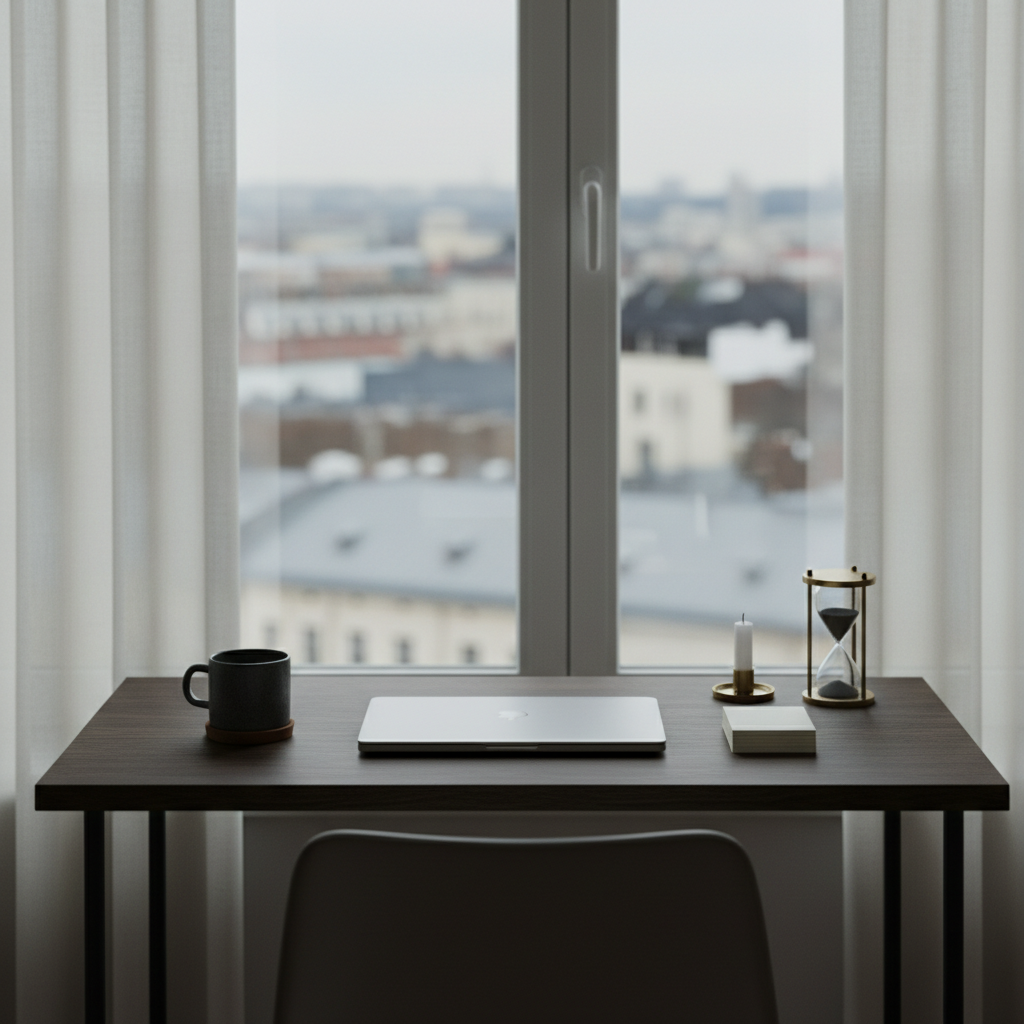 A minimalist home-office corner arranged for thoughtful writing on politics and culture: a dark oak table positioned near a tall window overlooking an abstract, softly blurred cityscape. On the table, a closed slim laptop, a heavy ceramic mug, and a neat stack of blank, cream-colored index cards with no visible text are arranged symmetrically. A small, unlit candle and a vintage-looking hourglass add subtle symbolism of time and reflection. Overcast daylight filters through sheer curtains, casting cool, even illumination with gentle shadows that soften the scene. Photographic realism with an eye-level composition and moderate depth of field, creating a sophisticated, slightly somber mood suited for careful analysis and introspective essays.